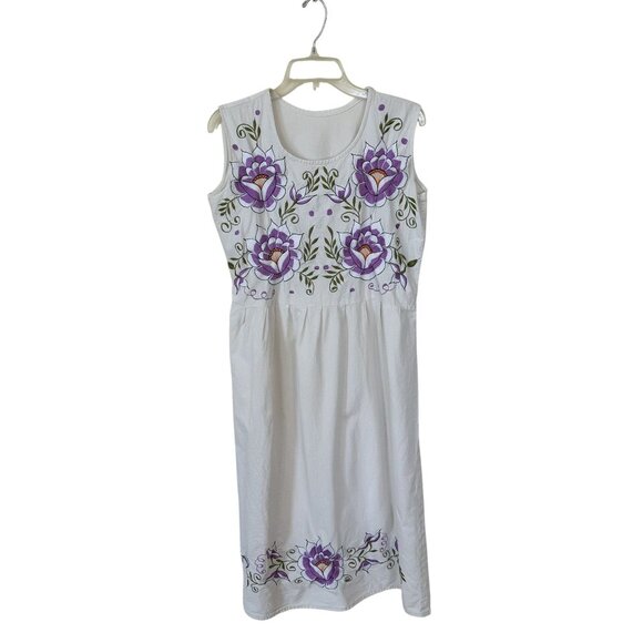 Handmade Womens Embroidered Midi Dress Purple Floral Large Cotton Sleeveless - Picture 1 of 10